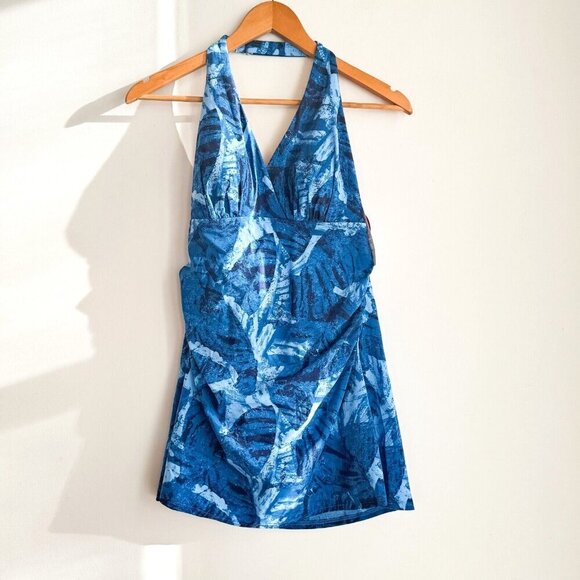 L.L. Bean Blue Halter Neck Shaping Clasp Closure One Piece Swimsuit w skirt 10R - Picture 2 of 4